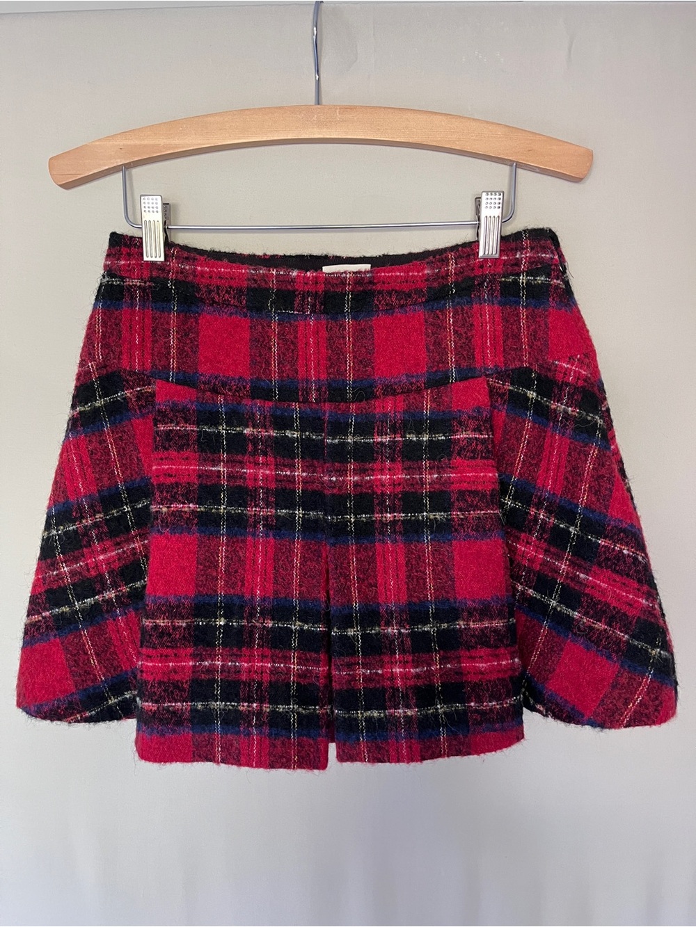 PINKO Red Plaid Wool Alpaca Blend Mini Skirt Pleated Front Lined A-Line